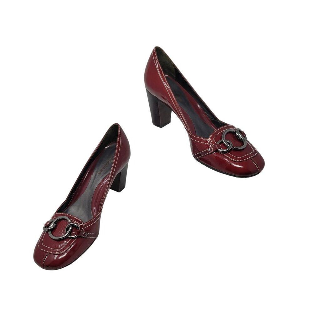 Arturo‎ Chiang Womens Red Patent Leather Heel Loafer 8.5 Chain Accent Retro Geek